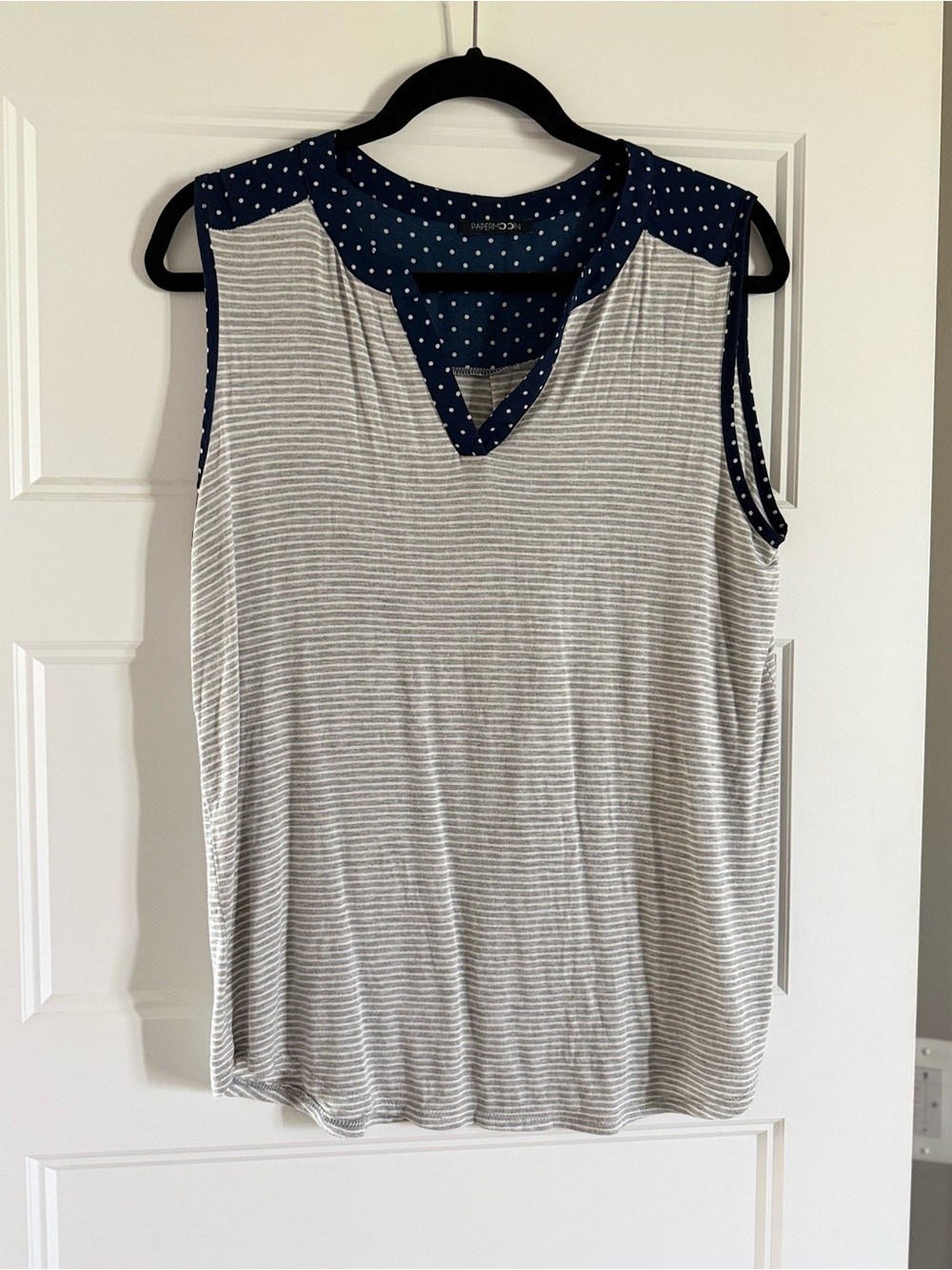 Papermoon Navy Polka-Dot Trim White & Gray Striped Sleeveless Tank